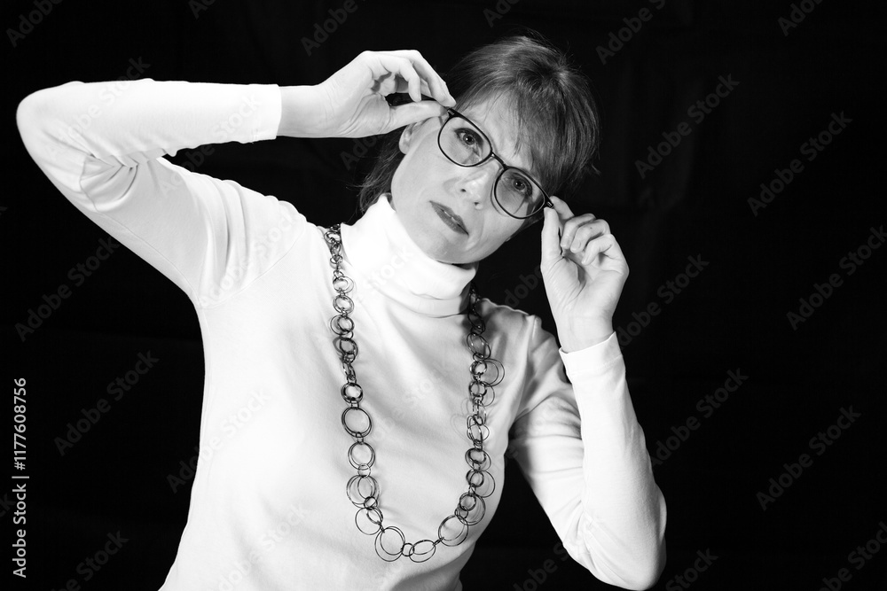 Fototapeta premium Frau mit Brille in geneigter Pose als Schwarzweißporträt