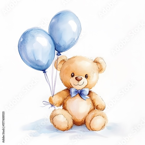 Cute teddy bear with blue balloons for a birthday celebration