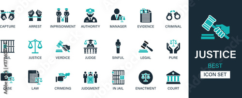 Justice icon set collection. Capture, arrest, imprisonment, authority, manager, evidence, criminal, jail, justice, judge, sinful, legal and best solid icon set.