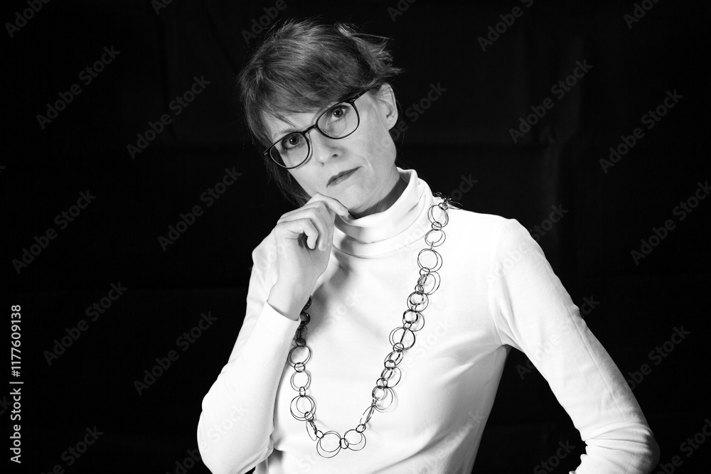 Fototapeta premium Frau mit Brille und Hand am Kinn als Schwarzweißporträt