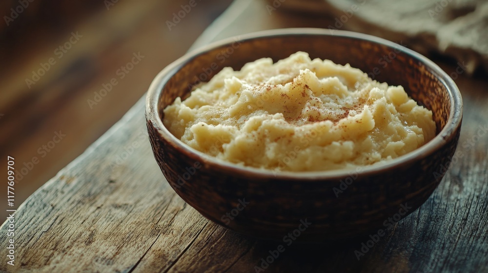 Creamy mashed potatoes are displayed in a rustic wooden bowl, highlighting their smooth texture and rich flavor. The setting features a warm wooden backdrop, enhancing the inviting atmosphere Creamy mashed potatoes are displayed in a rustic wooden bowl, highlighting their smooth texture and rich flavor. The setting features a warm wooden backdrop, enhancing the inviting atmosphere