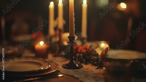 A rustic dining setting with glowing candles and earthy tones provides a cozy atmosphere for an unforgettable meal photo