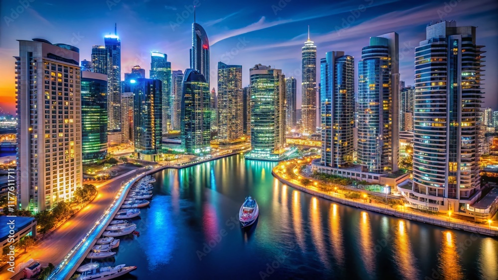 Obraz premium Night Lights Reflecting on Dubai Marina Bay Waterscape