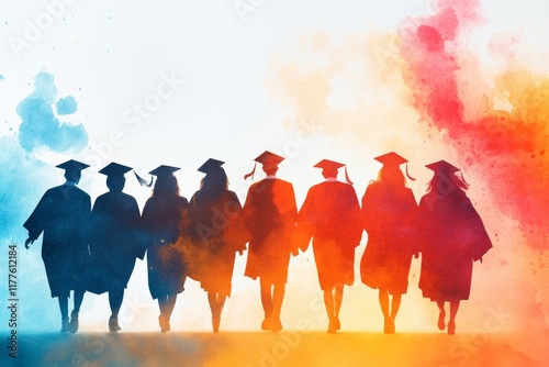 Wallpaper Mural A dreamy watercolor depiction of a graduation ceremony, with colorful caps and gowns against a blurred, vibrant background Torontodigital.ca