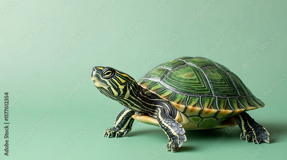 Obraz premium Green turtle with patterned shell on light green background