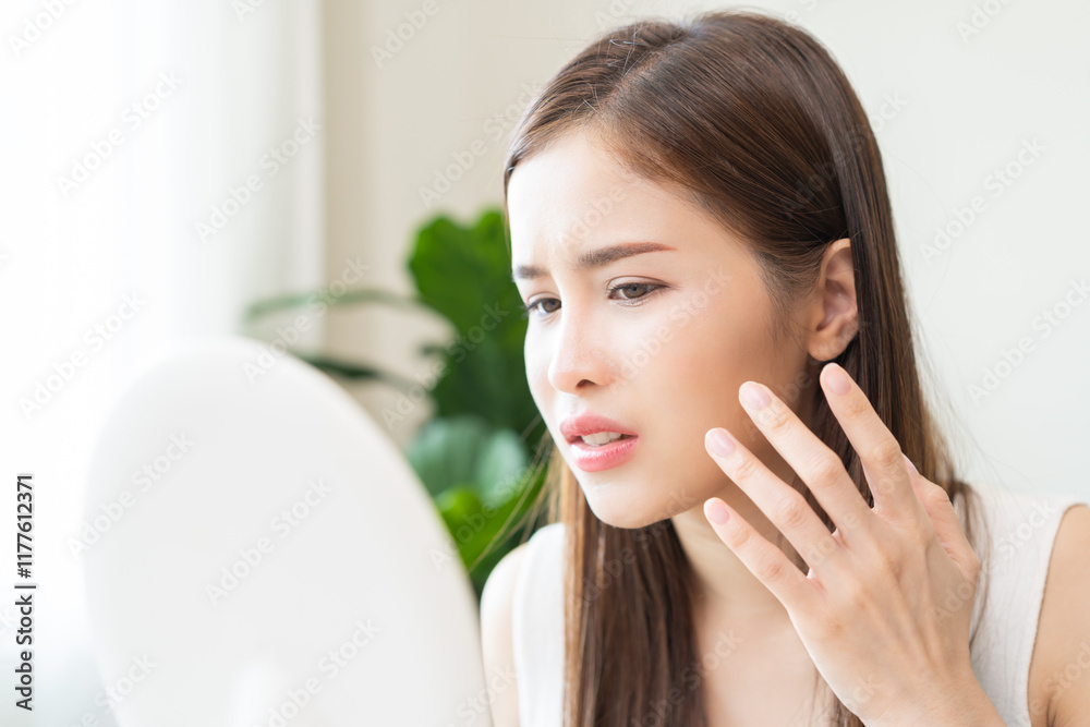 Anti aging, worry puberty asian young woman, stressed girl looking in mirror, allergy presenting an allergic reaction from cosmetic on face. Beauty, health care from acne problem, dry skin, treatment. Anti aging, worry puberty asian young woman, stressed girl looking in mirror, allergy presenting an allergic reaction from cosmetic on face. Beauty, health care from acne problem, dry skin, treatment.