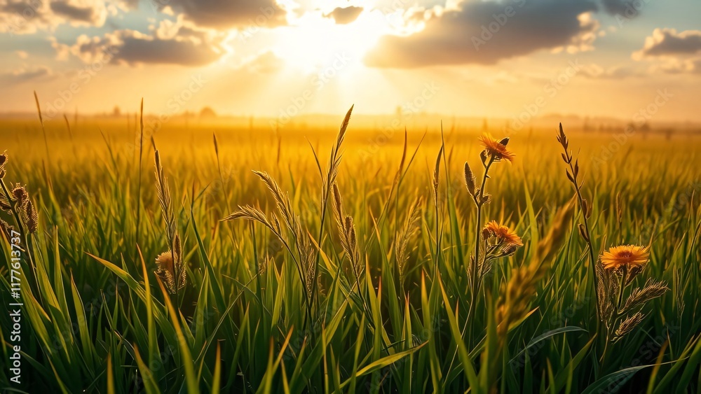 Fototapeta premium A breathtaking grassy field shrouded in early morning mist, glowing under soft, golden rays of sunlight breaking through scattered clouds