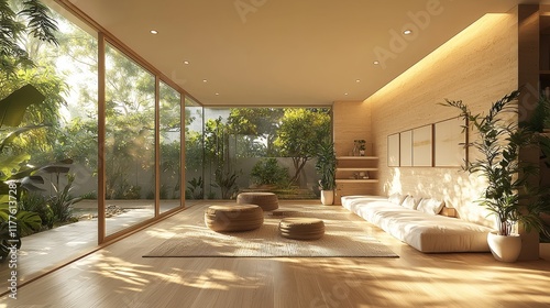 A cream-colored minimalist room featuring a stark, undecorated wall, expertly illuminated to accentuate the space's simplicity and calm