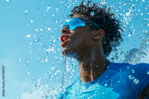 man in sunglasses refreshes with water splashes during workout photo