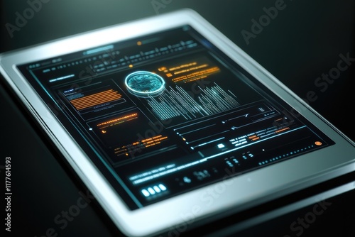 precise close-up of futuristic holographic blockchain ledger displayed on sleek digital tablet