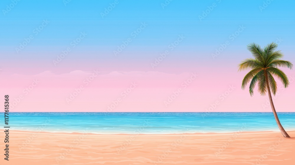 Serene Tropical Beach at Sunset with Palm Tree and Calm Waters Serene Tropical Beach at Sunset with Palm Tree and Calm Waters