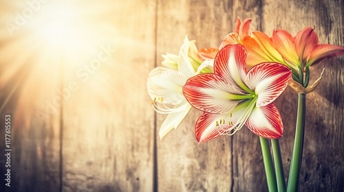 close-up shot of a blooming amaryllis in a variety of bright colors like red, orange, and white, standing against a rustic wooden backdrop with soft sunlight. Amaryllis  photo