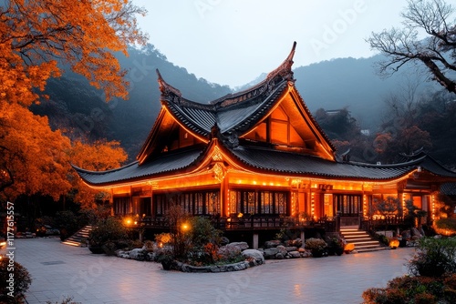 A glowing golden ubosot at night, with its intricate carvings illuminated by soft spotlights photo