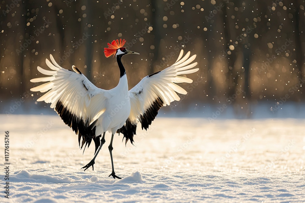 Fototapeta premium red-crowned crane dancing in snow-covered field its movements creating elegant and timeless moment