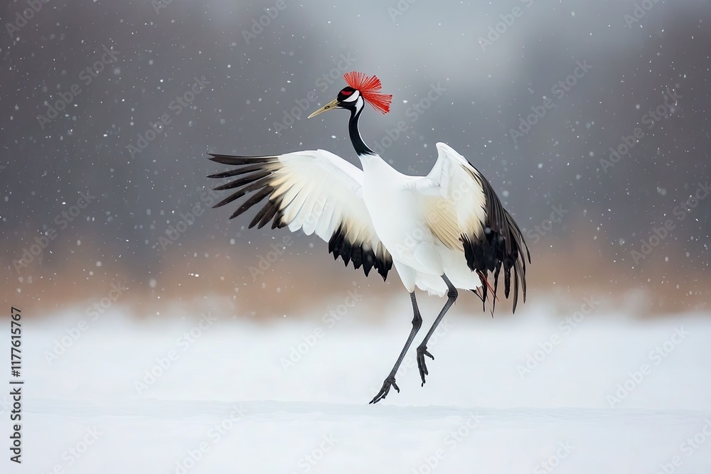 Fototapeta premium red-crowned crane dancing in snow-covered field its movements creating elegant and timeless moment