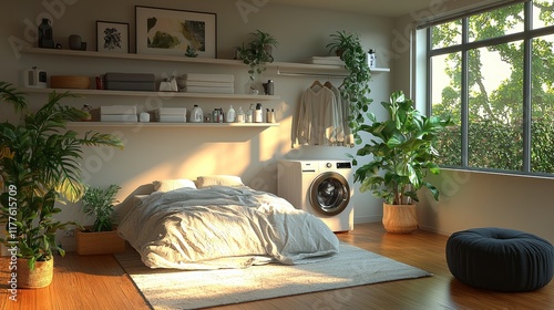 Modern, stylish laundry room equipped with sleek appliances and clever storage, aimed at maintaining efficiency and decluttering