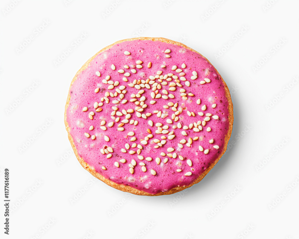 A pink donut with sesame seeds on top