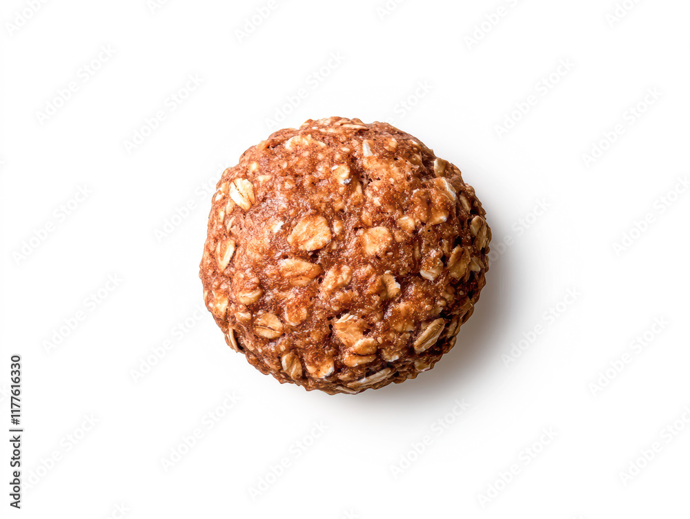 A brown oatmeal cookie sits on a white background