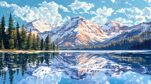 Majestic mountain landscape reflected in crystalclear lake pristine wilderness snowcapped peaks rich colors dramatic lighting sense of awe and tranquility. Snowcap. Illustration photo