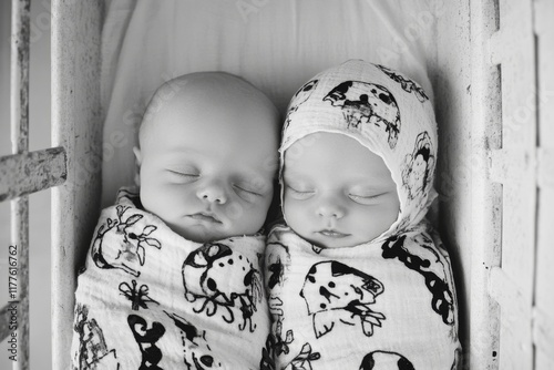A heartwarming moment of newborn identical twins sleeping side by side in a crib, wrapped in matching blankets
