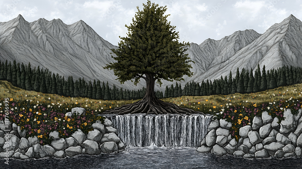 Fototapeta premium Majestic tree rooted over waterfall, cascading into serene mountain river. Lush wildflowers flank the rocky banks, set against a dramatic, gray mountain range backdrop.