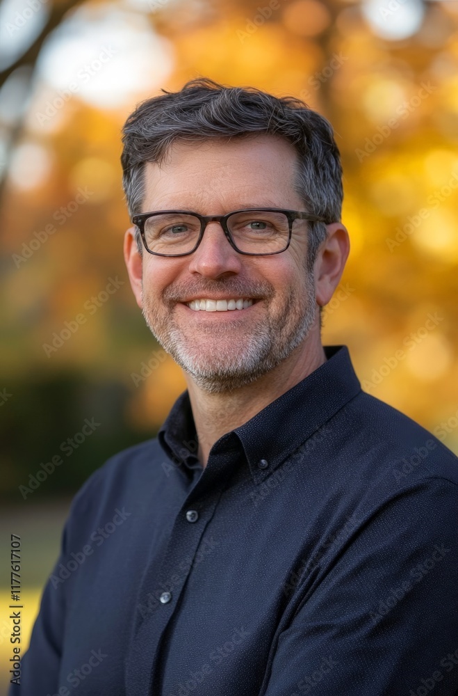 Caucasian adult male smiling in autumn park with glasses and beard Caucasian adult male smiling in autumn park with glasses and beard