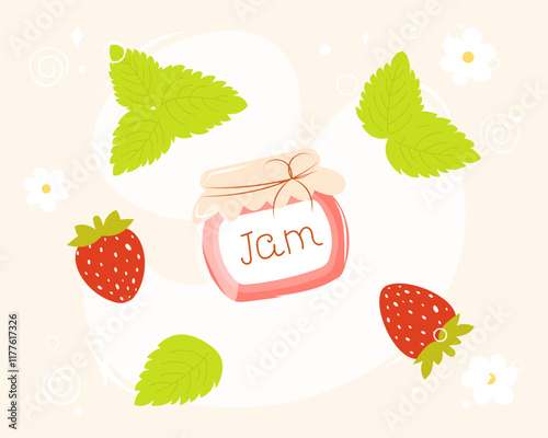 Strawberry jam set - strawberries, jam jar, leaves and flowers. Hand drawn vector illustration in flat cartoon style. Canned fruit confiture or marmalade. Homemade conservation concept