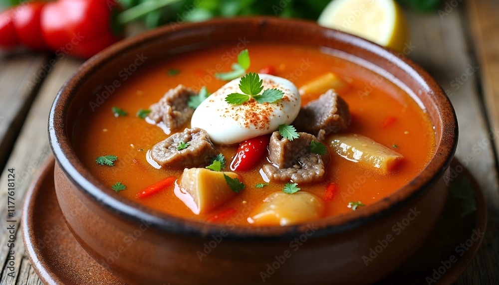 Hearty meat soup with vegetables and egg garnished with herbs in rustic bowl on wooden table Hearty meat soup with vegetables and egg garnished with herbs in rustic bowl on wooden table