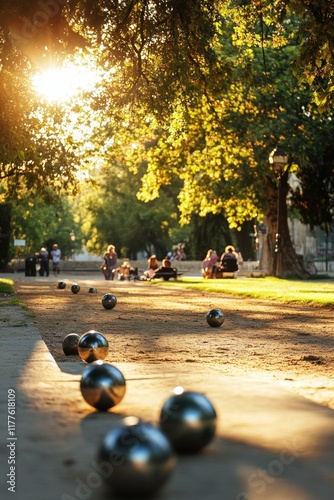 serene shot of pétanque players enjoying casual game in park their camaraderie evident with setting softly blurred