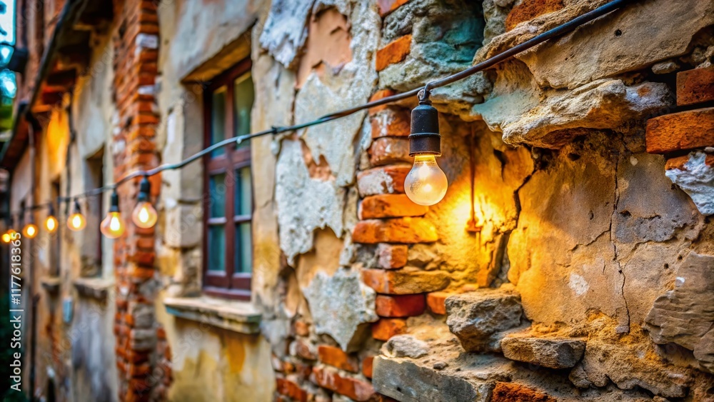 Fototapeta premium Old House Wall Detail: Stone Festoon & Peeling Plaster - Architectural Texture Stock Photo