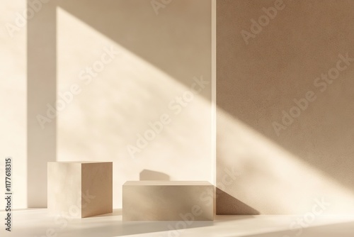 Minimalistic composition with beige cubes and soft sunlight casting geometric shadows on textured walls photo