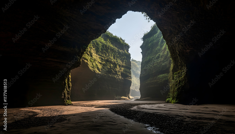 Fototapeta premium Explore the mystical beauty of a hidden cove, where sunlight streams into a dark cave, revealing a breathtaking passage between towering cliffs.
