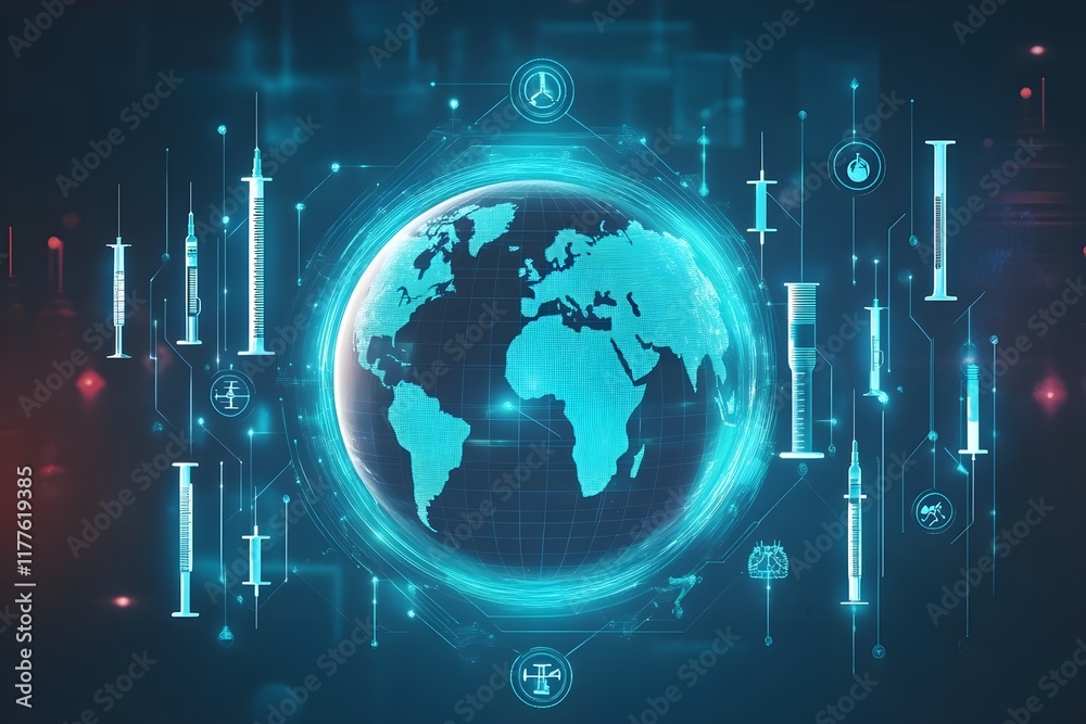 Globe surrounded by a protective shield, with syringe, symbolizing worldwide vaccination efforts to protect public health Globe surrounded by a protective shield, with syringe, symbolizing worldwide vaccination efforts to protect public health