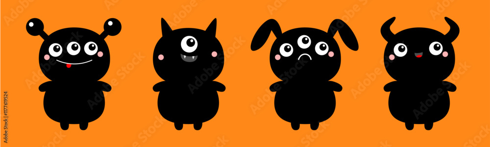 Fototapeta premium Cute monster set line. Happy Halloween. Kawaii cartoon funny baby character icon. Black silhouette. Horns, fang teeth, eyes. Sticker print. Childish style. Flat design. Orange background. Vector