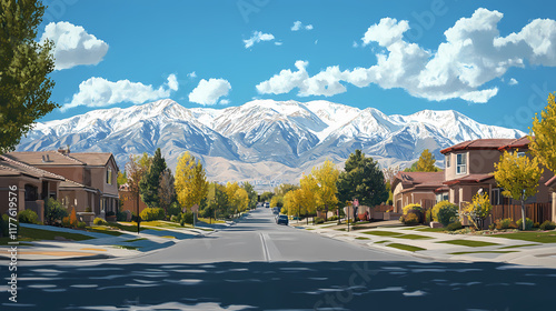 Fototapeta Naklejka Na Ścianę i Meble -  Majestic snow-capped mountains majestically rise in the distance behind serene suburban neighborhoods and tree-lined streets in henderson, nevada, near vibrant las vegas. Snowcap. Illustration