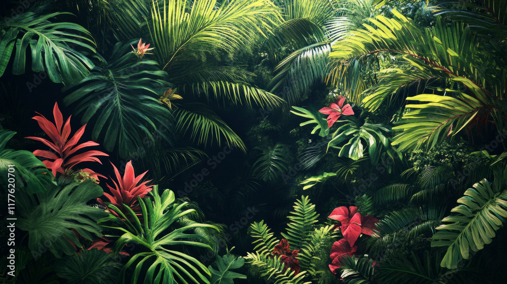Fototapeta premium A lush green jungle with red flowers