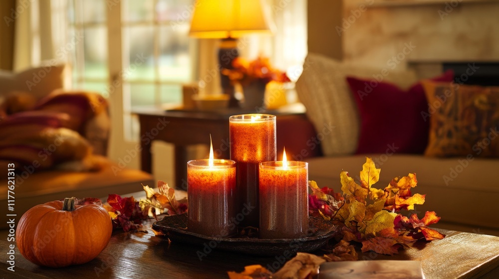 Naklejka premium Cozy autumn scene with lit candles and seasonal decor in warm living room