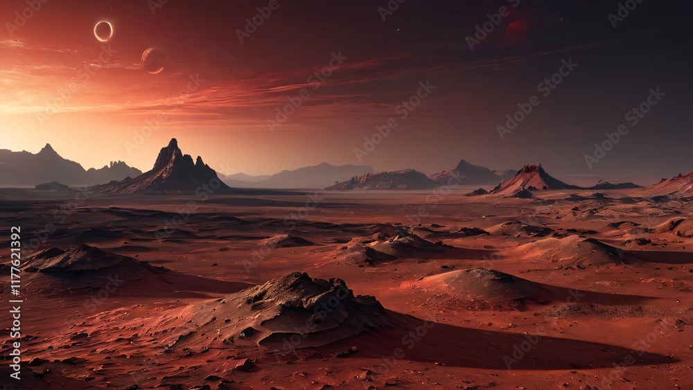 Naklejka premium Desolate Martian Landscape with Jagged Rocks, Dusty Plains, Two Moons