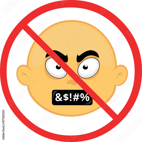 vector illustration emoji signage with a censored insult text in the mouth and stop signage, in the concept of prohibiting saying bad words