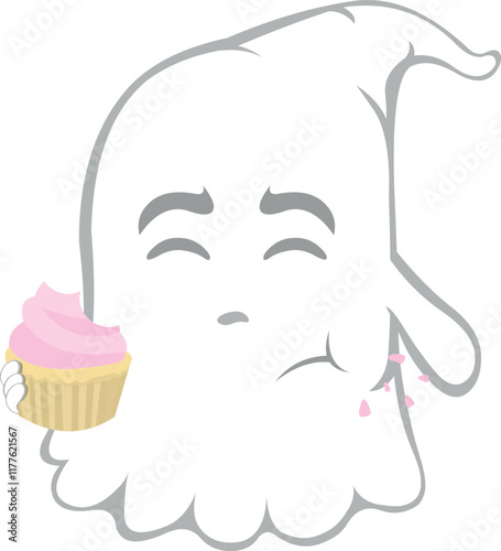 vector illustration character ghost cartoon, eating a raspberry cupcake or muffin