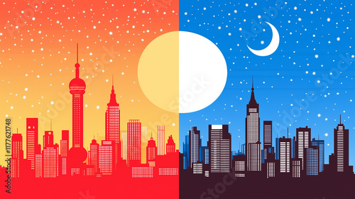 Day and Night in the City: A vibrant cityscape silhouetted against a fiery sunset on one side and a tranquil moonlit night on the other.  The contrast highlights the dynamic energy of urban life.