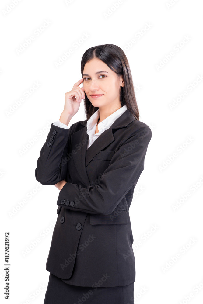 Professional portrait confident businesswoman in a black formal suit, standing against a white background. Perfect for corporate, leadership, or business-related concepts. Professional portrait confident businesswoman in a black formal suit, standing against a white background. Perfect for corporate, leadership, or business-related concepts.