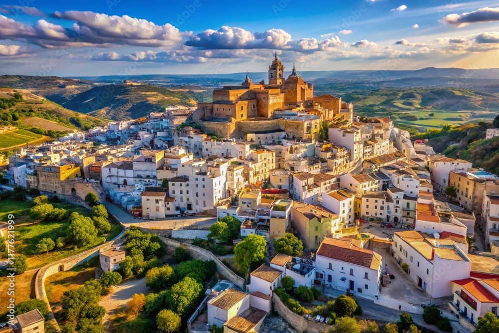 Naklejka premium Panoramic Aerial View of Pisticci, Matera, Basilicata, Southern Italy Hill Town