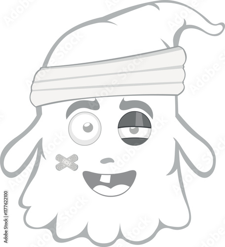 vector illustration character ghost cartoon, injured with bandages on his head, a black eye, a single tooth