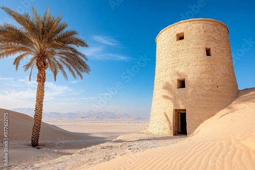 A photo of a traditional Emirati wind tower (Barjeel) in the Al Fahidi Historical District, Dubai photo