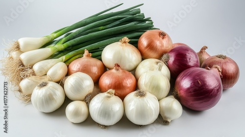 A diverse collection of onions, including red, white, and yellow varieties, alongside fresh scallions, perfectly arranged to highlight their textures and colors on a clean background photo