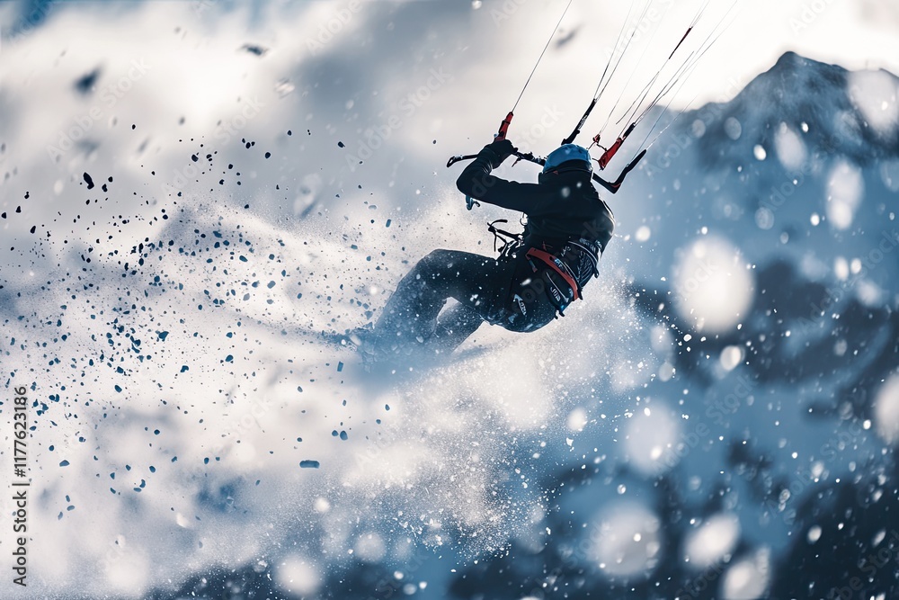 Naklejka premium snow kiter performing trick in mid-air framed by softly blurred mountains and dynamic snow spray