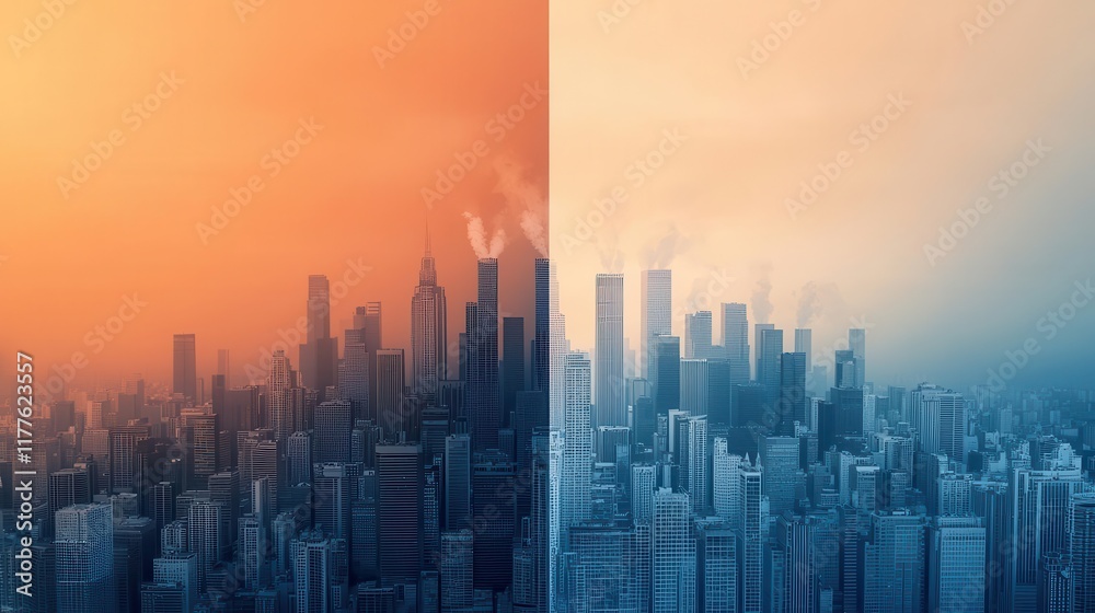 Fototapeta premium A global perspective of cities emitting pollution juxtaposed with shrinking wildlife habitats, highlighting the global crisis