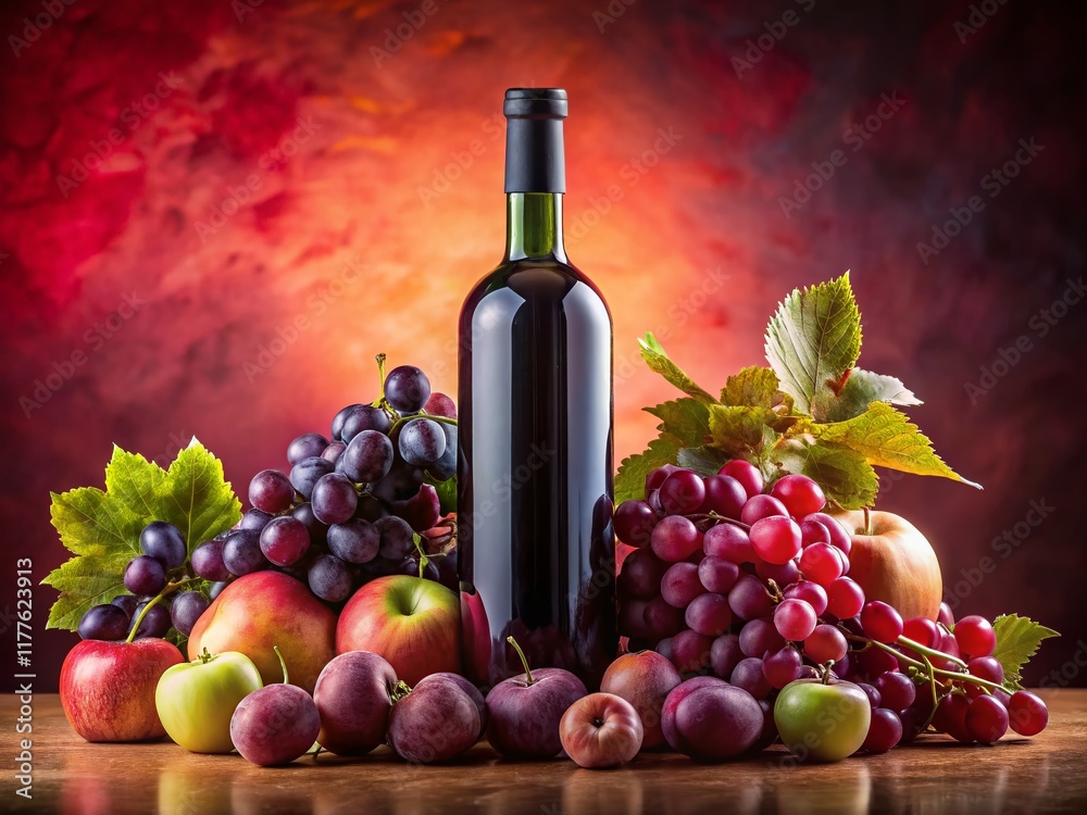 Obraz premium Panoramic Dark Wine Bottle with Vibrant Fruit on Pink Background - Stock Photo