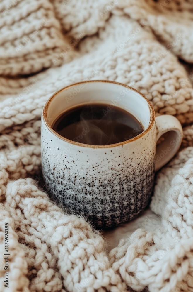 Cozy ceramic mug of hot coffee on knitted blanket Cozy ceramic mug of hot coffee on knitted blanket